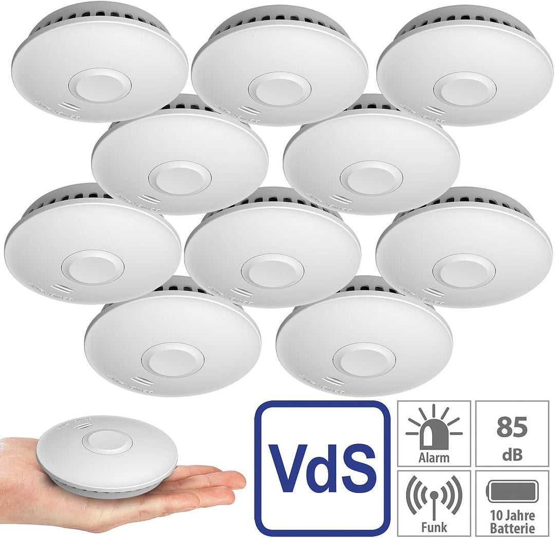 VisorTech Vernetzte Rauchmelder: 10er-Set vernetzbare Funk-Rauchmelder, 85 dB, VDs, 10-J.-Batterie (