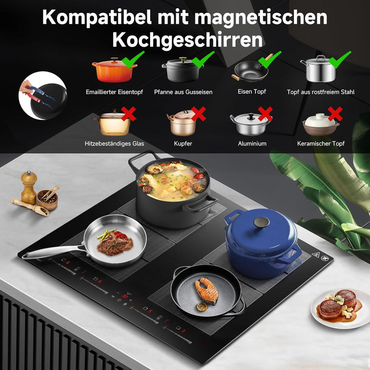 AMZCHEF Induktionskochfeld 60cm mit 2 Flexzonen, 4 Zonen Induktionskochplatte mit leisem Betrieb, 9