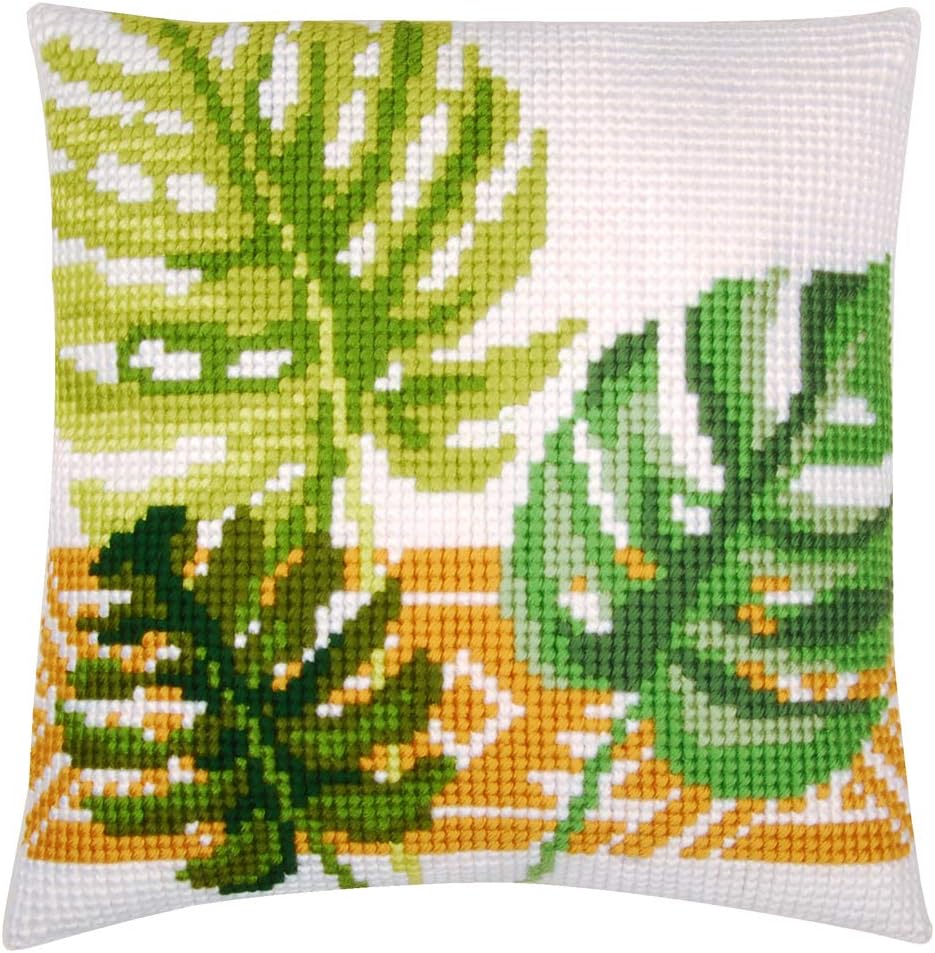 Vervaco Kreuzstichkissen Planzenblätter Kreuzstichpackung, Stramin, Weiss, 40 x 40 x 0,3 cm