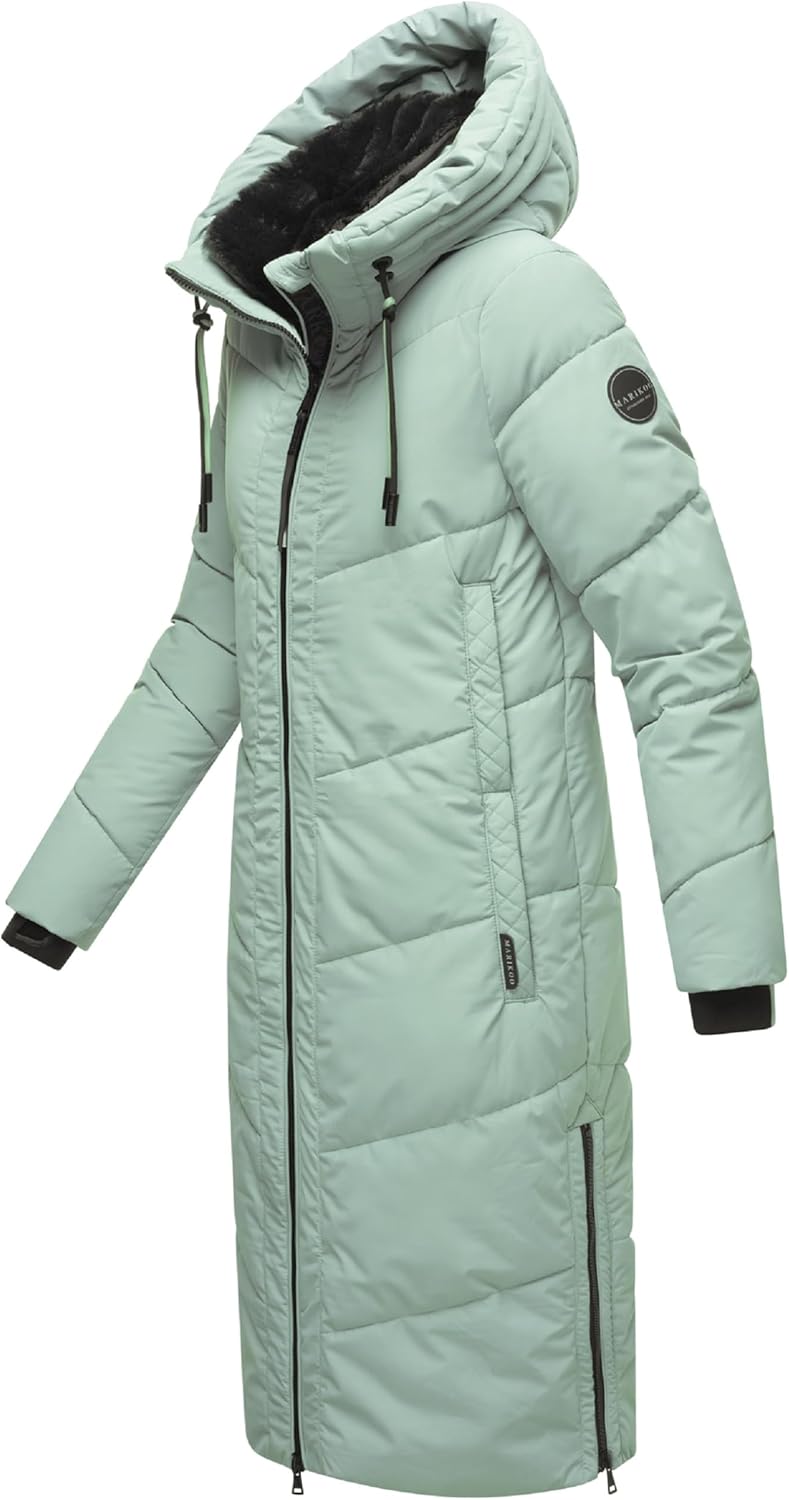 MARIKOO Damen Wintermantel warmer Steppmantel lang mit verstellbarer Kapuze und hohem Kragen Nadaree