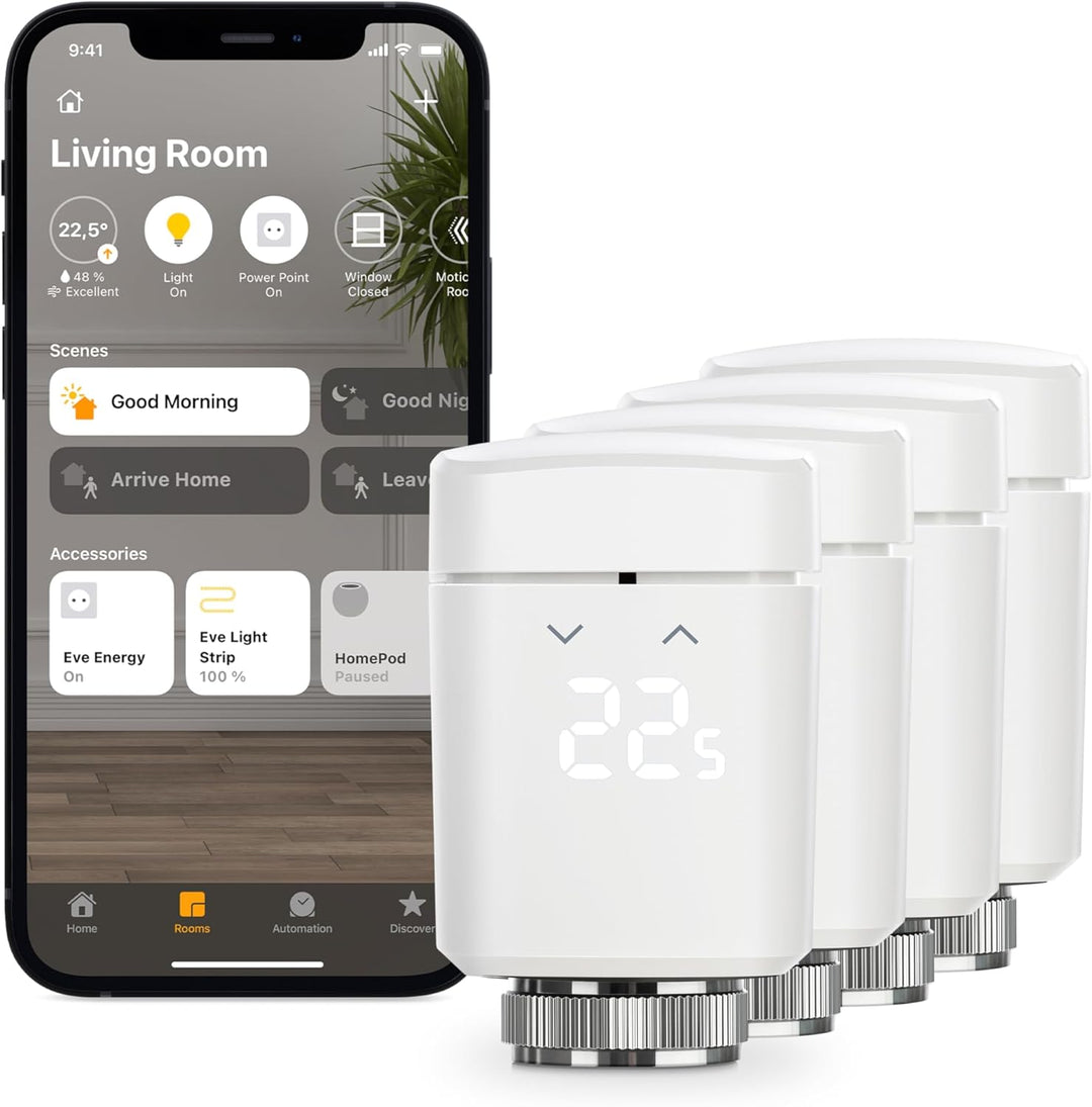 Eve Thermo, 4er Set - Smartes Heizkörperthermostat mit LED-Display, automatischer Temperatursteuerun