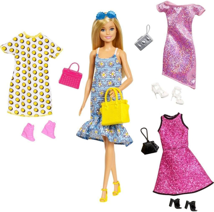 Barbie Fashionistas Puppen-Set Blonde Puppe mit Outfits Kleidung und Zubehör für 4 komplette Outfits