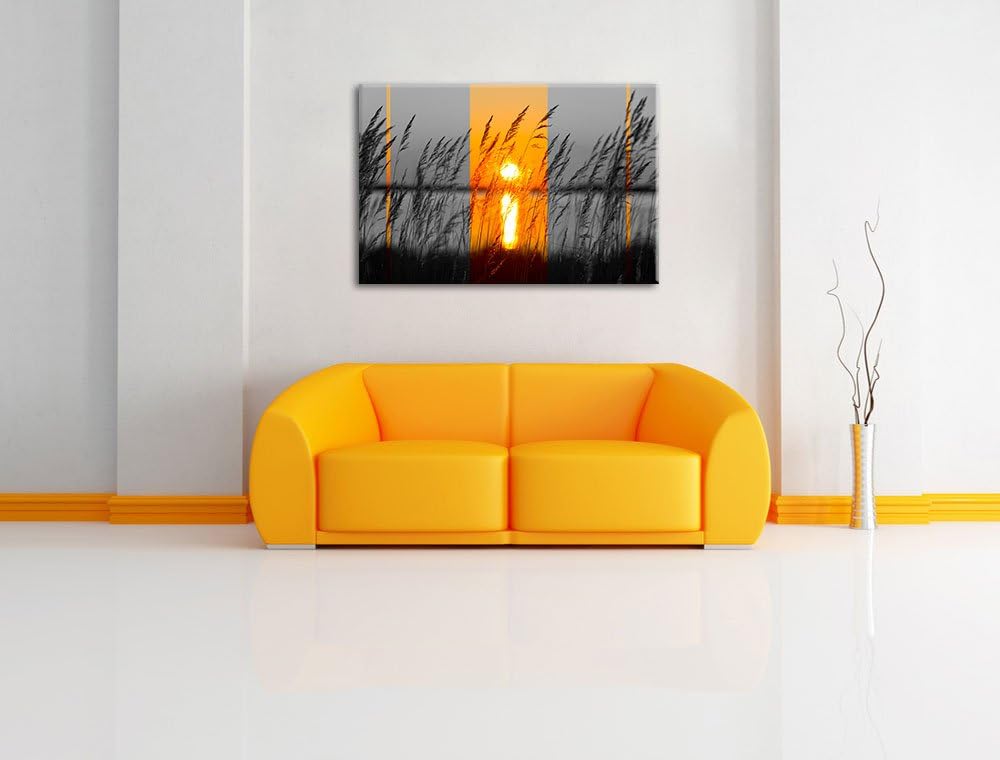 Gräser bei Sonnenuntergang schwarz/weiss Format: 100x70 auf Leinwand, XXL riesige Bilder fertig gera