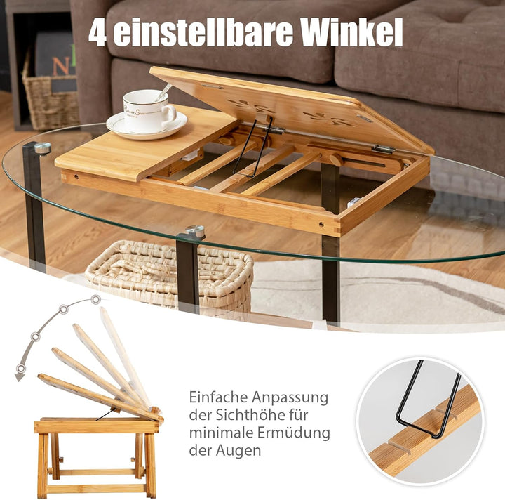 COSTWAY Bambus Laptoptisch klappbar, Notebooktisch höhenverstellbar & neigbar & belüftet, Lapdesk mi