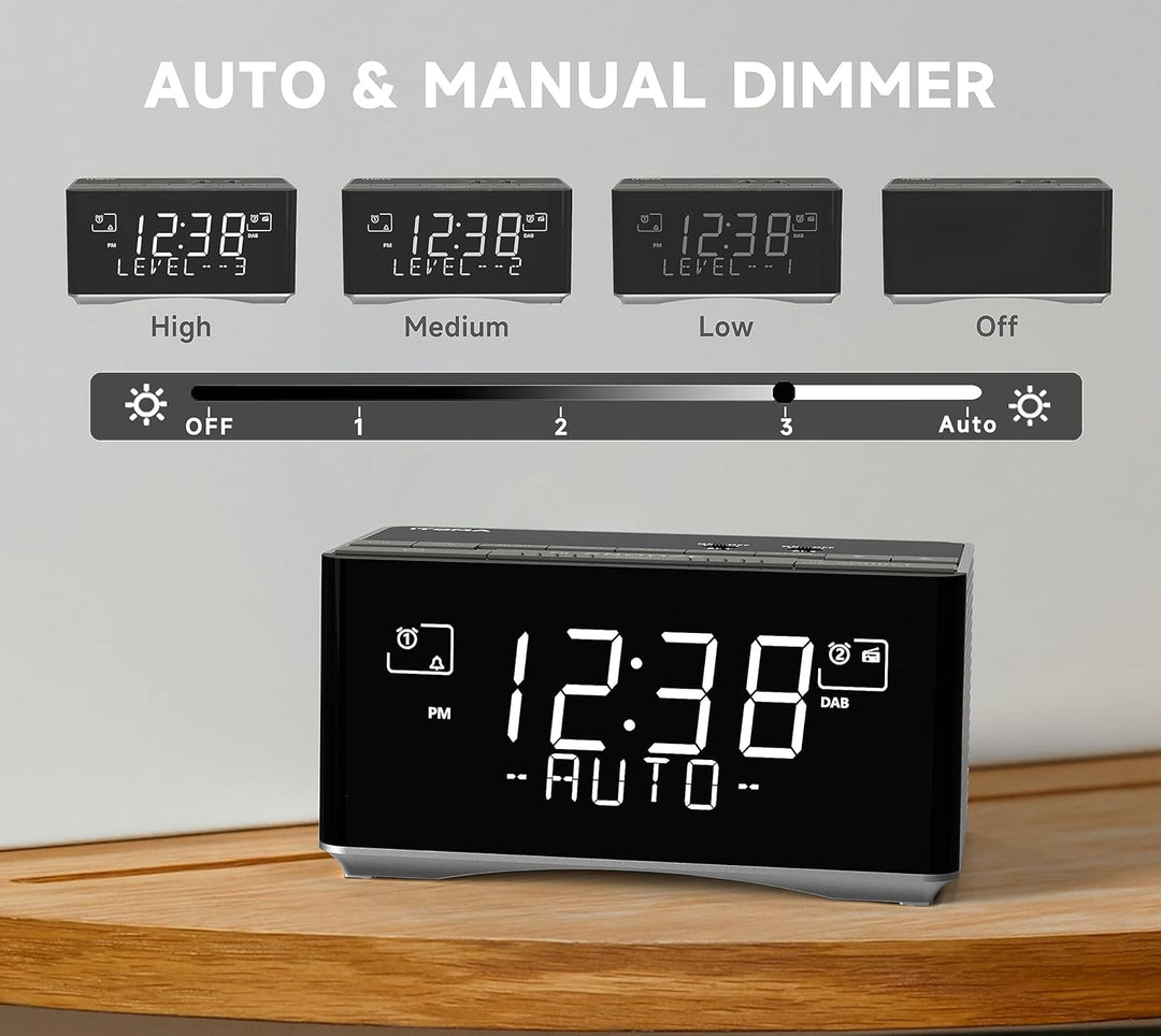 iTOMA FM/DAB Radiowecker mit USB-Ladeanschluss, Bluetooth Stereo Lautsprecher, Kopfhörerbuchse, Dual
