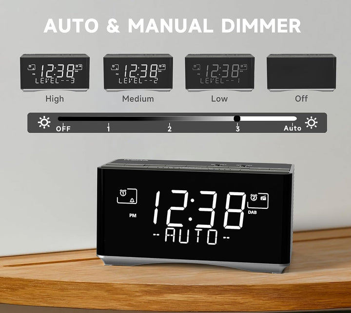 iTOMA FM/DAB Radiowecker mit USB-Ladeanschluss, Bluetooth Stereo Lautsprecher, Kopfhörerbuchse, Dual