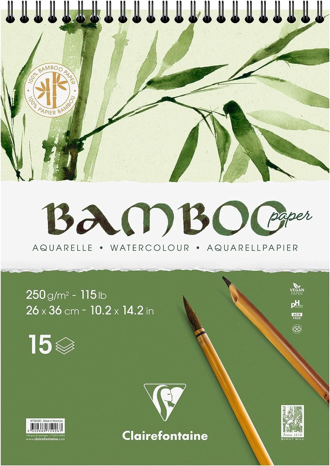 Clairefontaine 975926C - Spiralblock Bamboo Aquarelle, 15 Blatt Bambuspapier 250g, 26x36cm, 1 Block