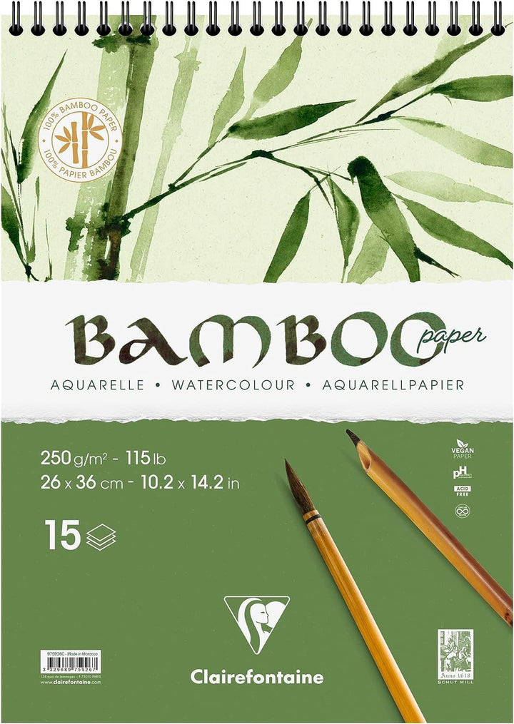 Clairefontaine 975926C - Spiralblock Bamboo Aquarelle, 15 Blatt Bambuspapier 250g, 26x36cm, 1 Block