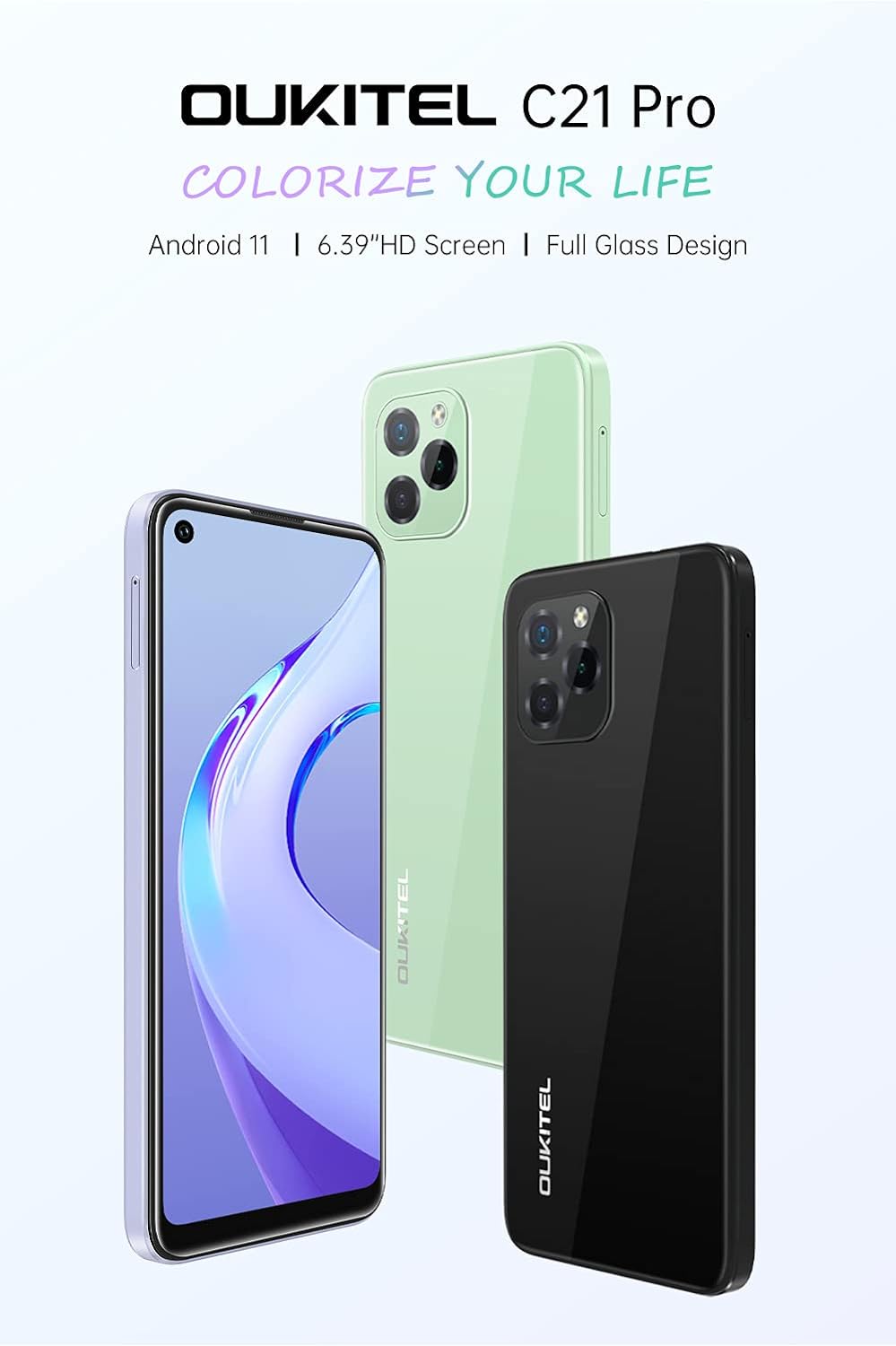 OUKITEL Smartphone ohne Vertrag C21 PRO, Vollglas-Design,4GB+64GB,256GB Externe SD,21MP Dreifach-Rüc