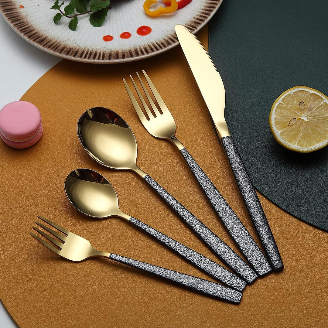 Besteckset 30 Stück Glänzende Goldkopfbeschichtung mit Schwarzem Marsgriff, Edelstahl Titanbeschicht