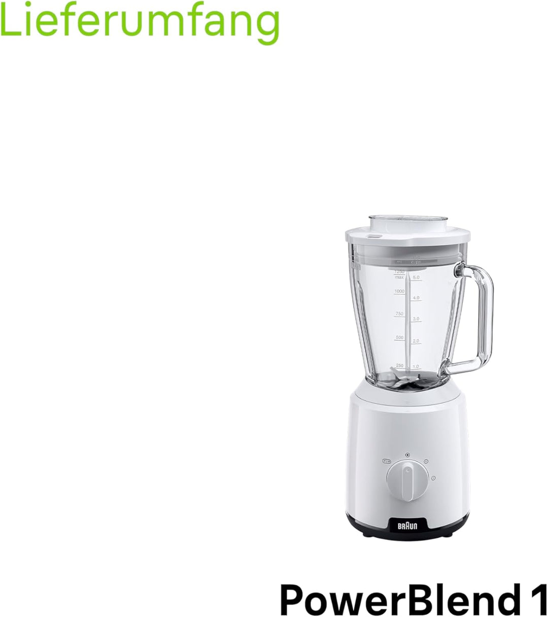 Braun PowerBlend 1 JB1050WH - Standmixer mit 1,5 l Glas-Mixaufsatz, Küchenhelfer zum Zerkleinern, Pü