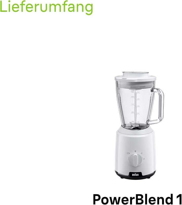 Braun PowerBlend 1 JB1050WH - Standmixer mit 1,5 l Glas-Mixaufsatz, Küchenhelfer zum Zerkleinern, Pü