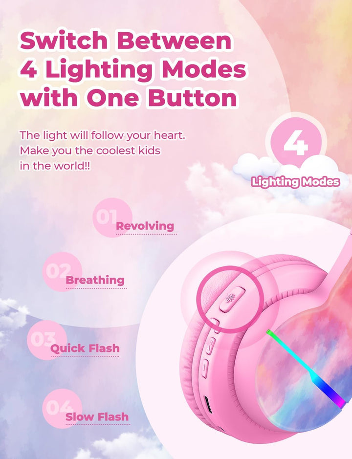 iClever Bluetooth Kinder Kopfhörer, Farbige LED-Leuchten, Kinderkopfhörer Over Ear mit 74/85dBA Laut