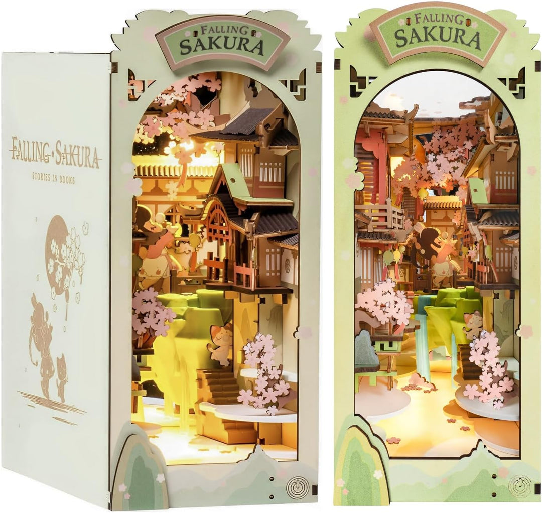 Rolife Book Nook Kits Falling Sakura-Bookshelf Insert Dioramae-Japanisch Chinesisch Bücherregal Deko