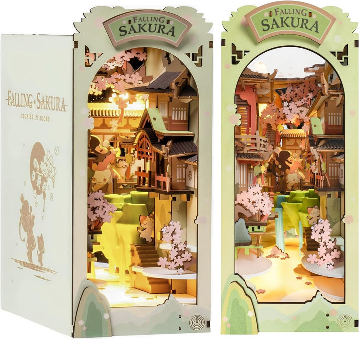 Rolife Book Nook Kits Falling Sakura-Bookshelf Insert Dioramae-Japanisch Chinesisch Bücherregal Deko