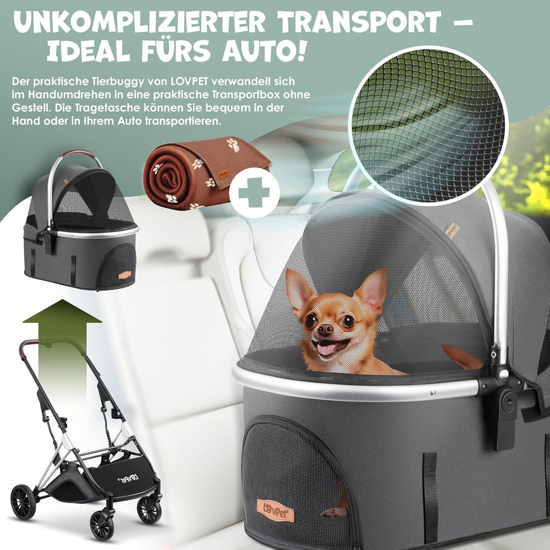 LOVPETยฎ Hundewagen 3in1 Hundebuggy Hundebox Transporttasche 360ยฐ Grosse Rรคder Faltbar klappbar Haust