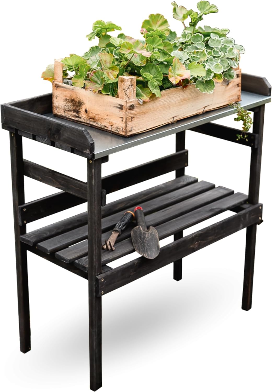 holz4home® Holz Pflanztisch Schwarz mit 2 Ablagen aus Fichtenholz I Tisch für Gartenarbeiten im Inne