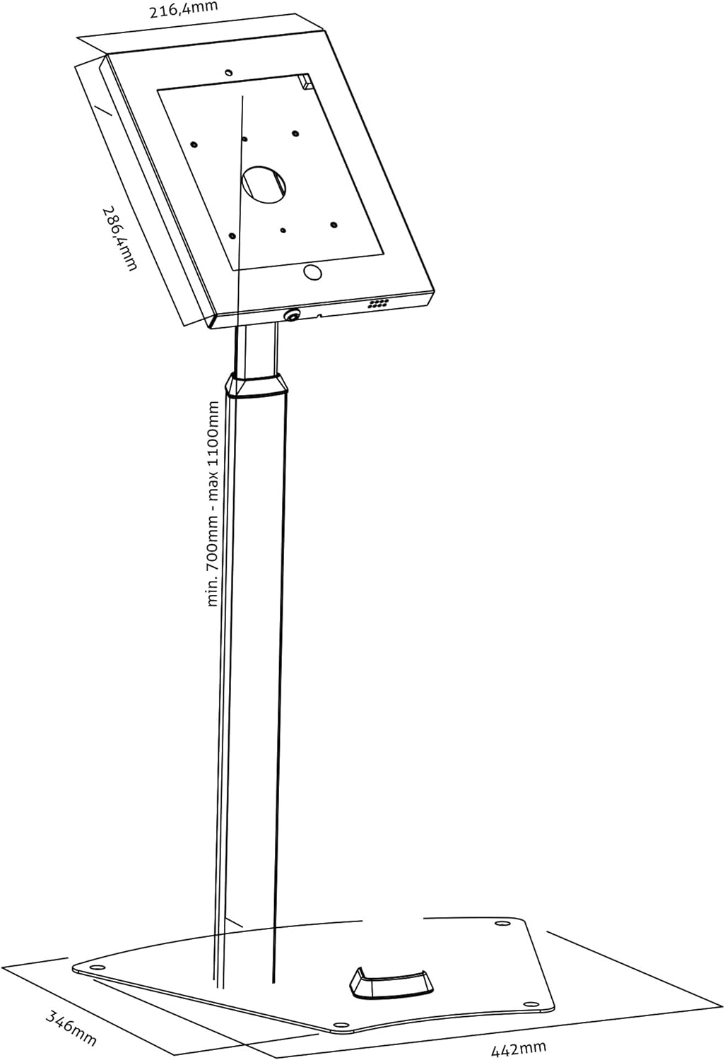 PureMounts PDS-5620 Standfuss für Apple iPad 2/3/4/Air, Säulenhöhe: 700-1100mm, neigbar: -90° bis 90