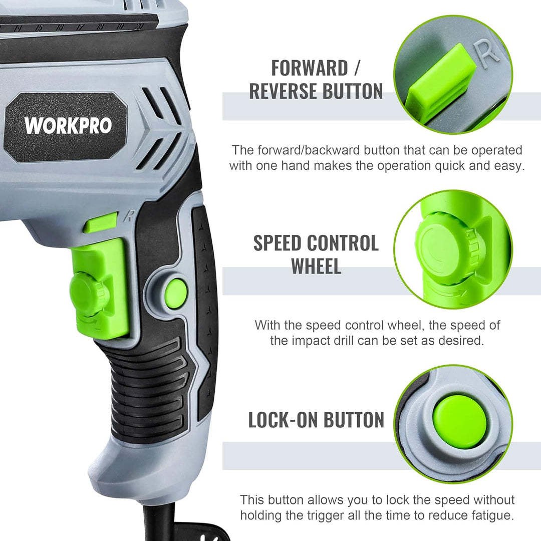 WORKPRO Schlagbohrmaschine 850W, Bohrmaschine 3000RPM, 2 in 1 Hammer und Bohrer mit 360° Drehgriff,