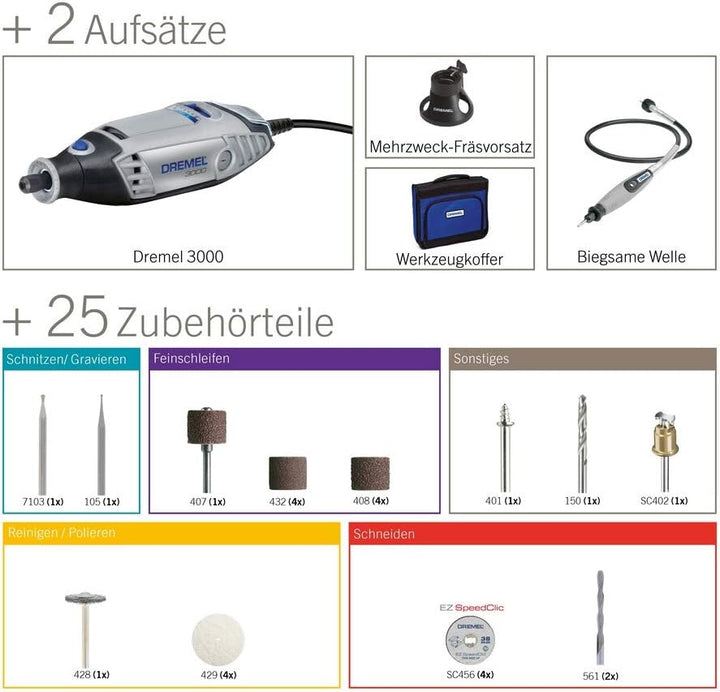 Dremel 3000 Multifunktionswerkzeug 130W, Set mit 2 Aufsätze 25 Zubehörteilen, Variable Drehzhal 10.0