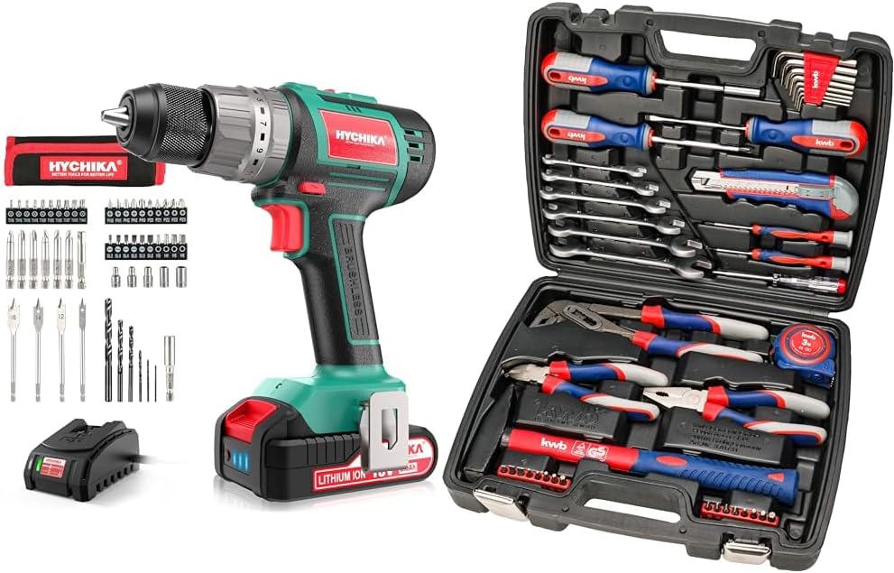 Akkuschrauber 60Nm Max, HYCHIKA 18V Bohrschrauber BĂźrstloser & kwb Werkzeug-Koffer inkl. Schrauber-B