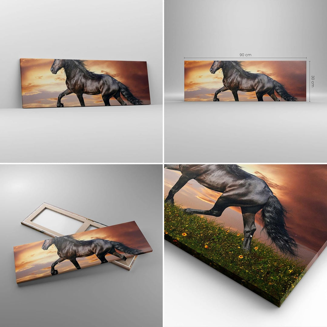 Panorama Bilder auf Leinwand Pferd Tier Wiese Leinwandbild mit Rahmen 90x30cm Wandbilder Dekoration
