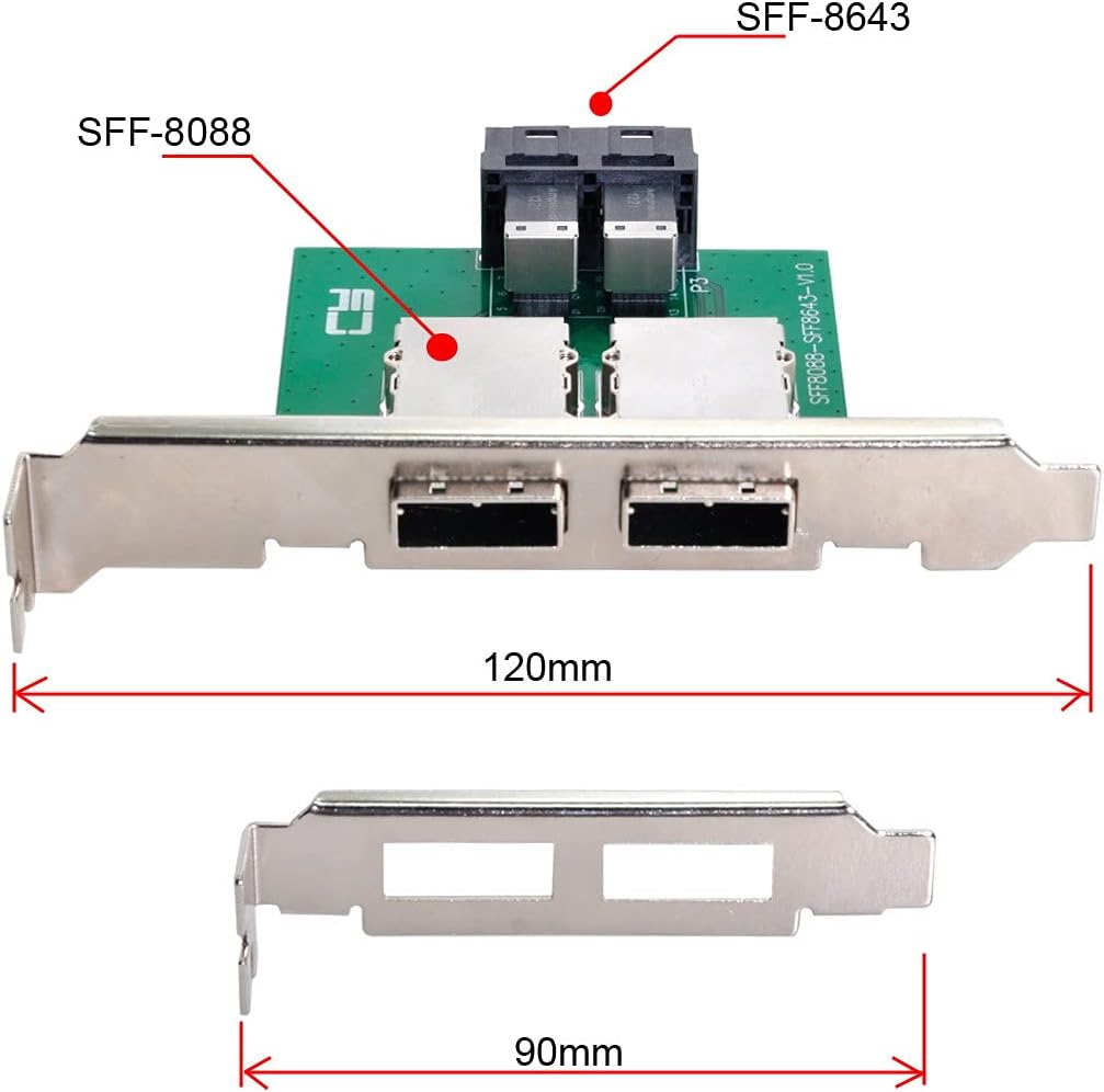 Cablecc Dual Ports Mini SAS SFF-8088 zu internem SAS HD SFF-8643 PCBA-Buchsenadapter mit Low-Profile