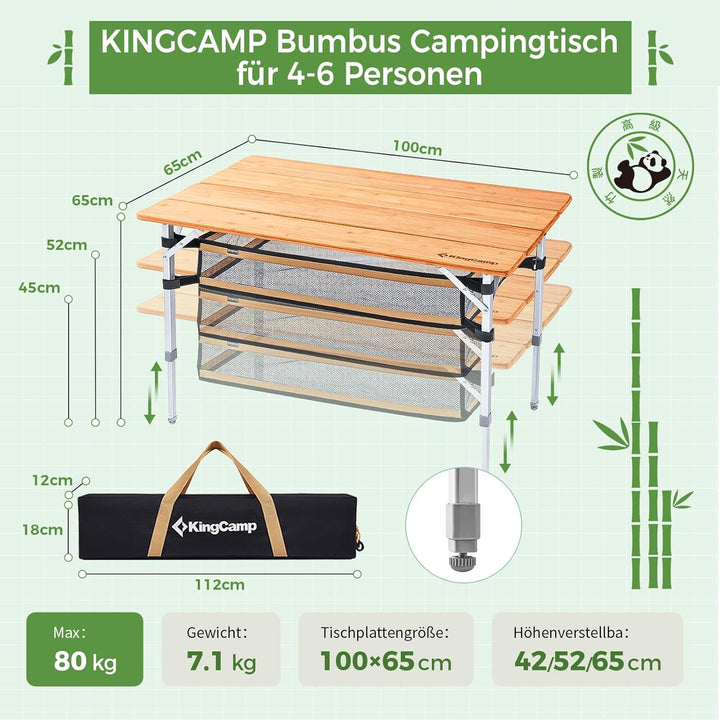 KingCamp Falten Bambus Campingtisch Klapptisch Verstellbare Höhe Aluminiumrahmen für Outdoor Camping