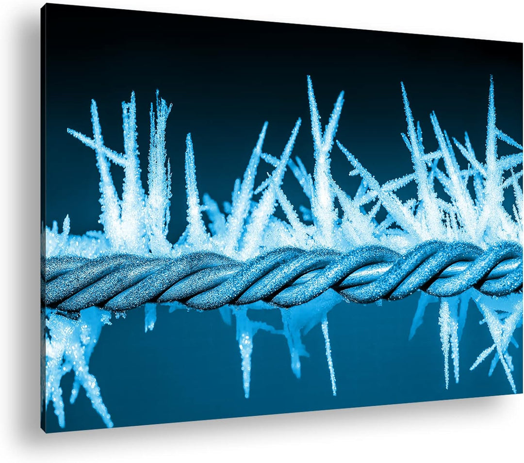 deyoli vereister Stacheldraht Format 80x60 Effekt: Monocrome Blau als Leinwandbild, Motiv fertig ger