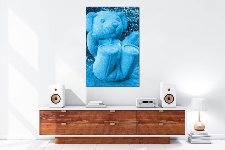 deyoli lustige Teddybär Skulptur Format 80x60 Effekt: Monocrome Blau als Leinwandbild, Motiv fertig