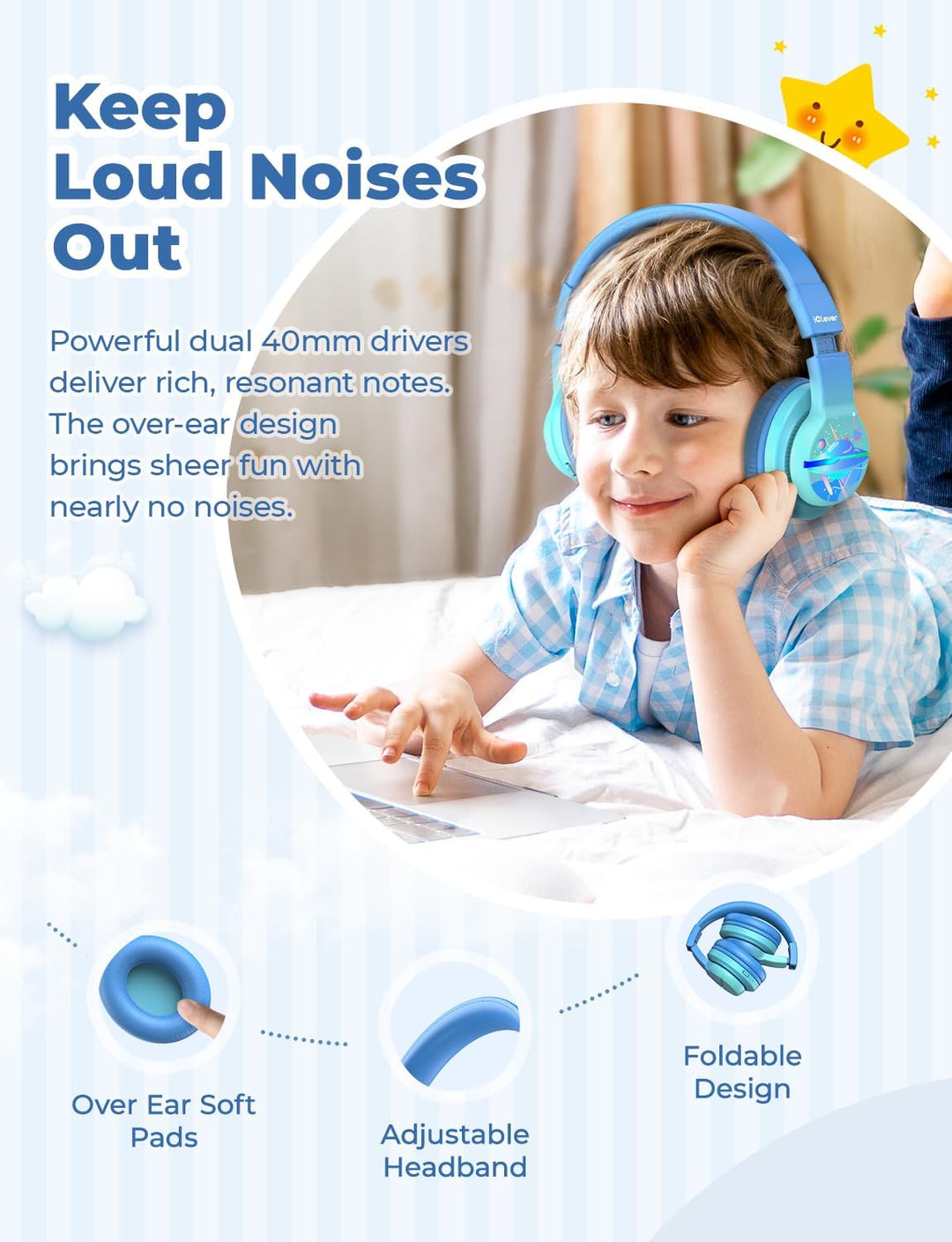 iClever Bluetooth Kinder Kopfhörer, Farbige LED-Leuchten, Kinderkopfhörer Over-Ear mit 74/85dBA Laut