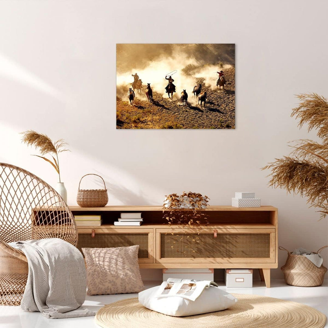 ARTTOR Bilder auf Leinwand Cowboys Pferde Galopp Leinwandbild 70x50cm Wandbilder Dekoration Wohnzimm