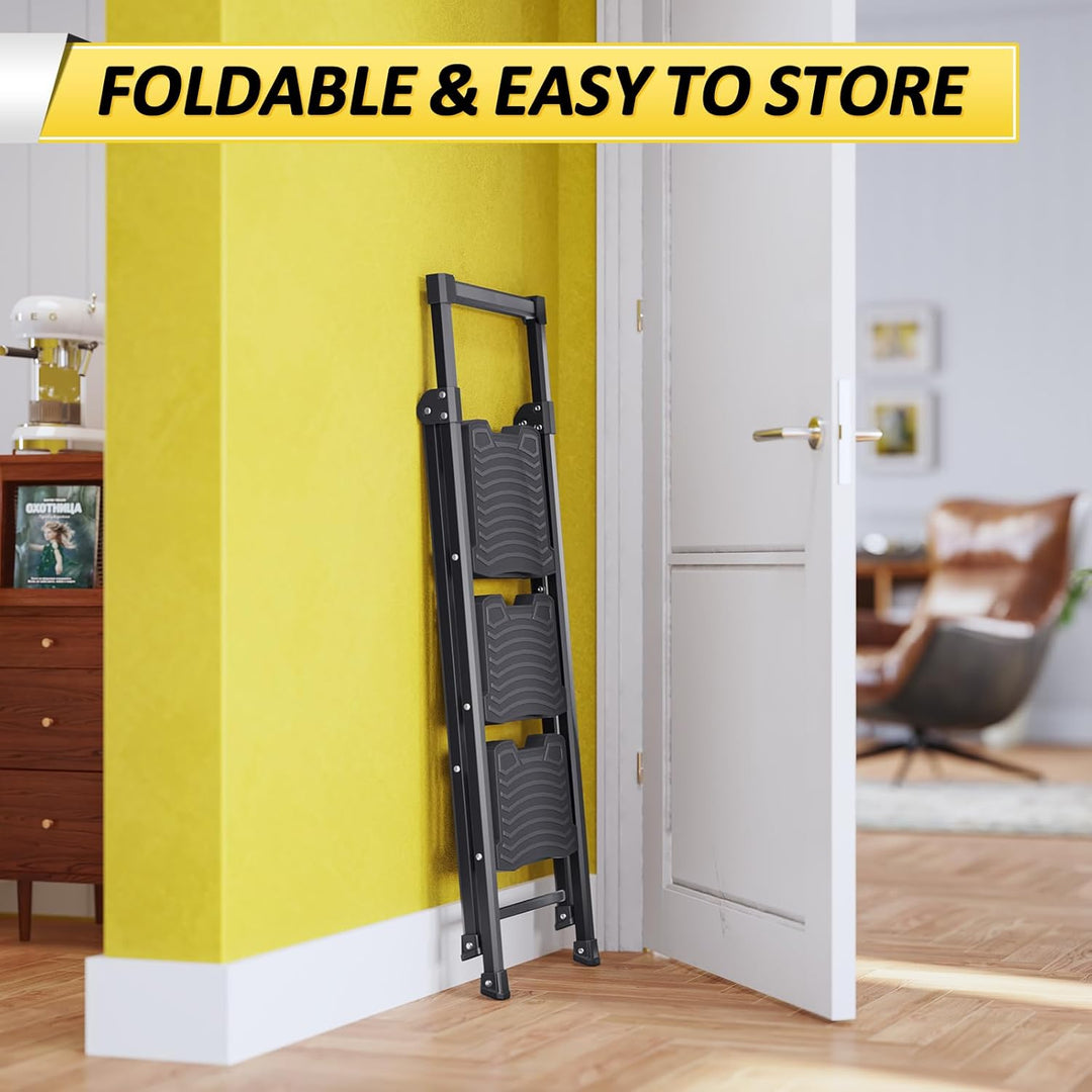 KINGRACK Trittleiter 3 Stufen klappbar mit Traglast von 400 KG, mit Nicht-entschlüpfbarem, Leichter