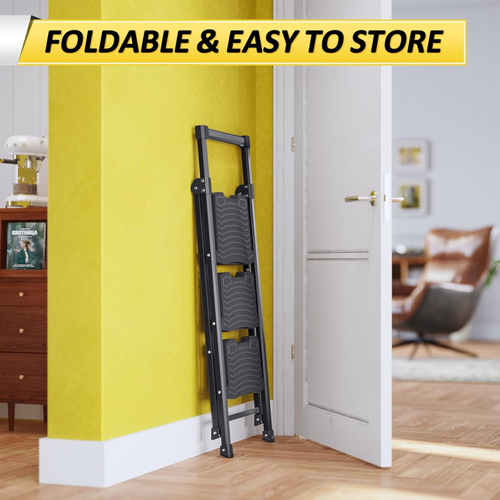 KINGRACK Trittleiter 3 Stufen klappbar mit Traglast von 400 KG, mit Nicht-entschlüpfbarem, Leichter