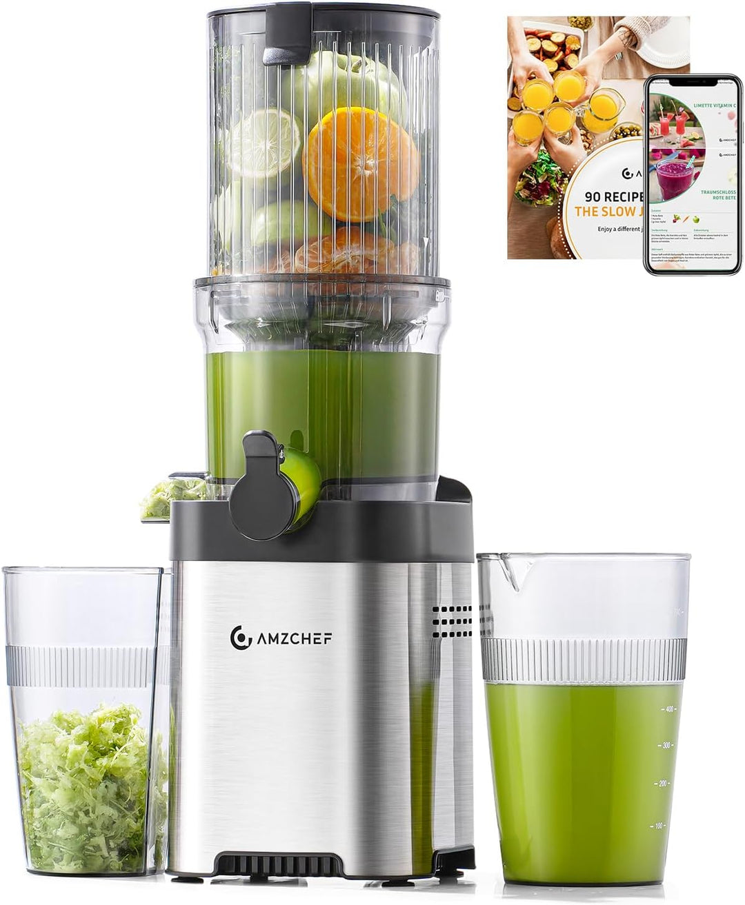 AMZCHEF Entsafter - Slow Juicer mit 113MM Breite und Grössere Fütterungsröhre für Ganze Gemüse und O