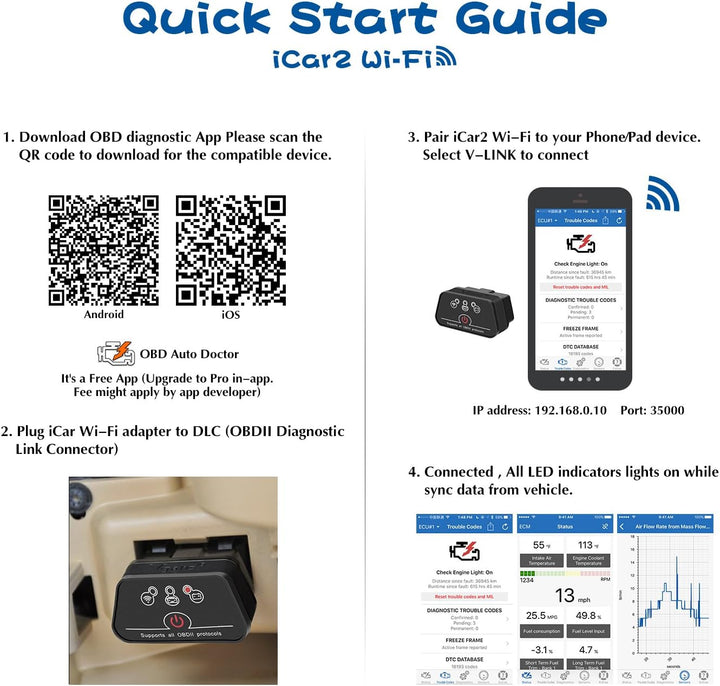 Vgate OBD2, WiFi, OBD2 Scanner, Schnittstellen-Adapter, Motorkontrollleuchten-Diagnose-Werkzeug für
