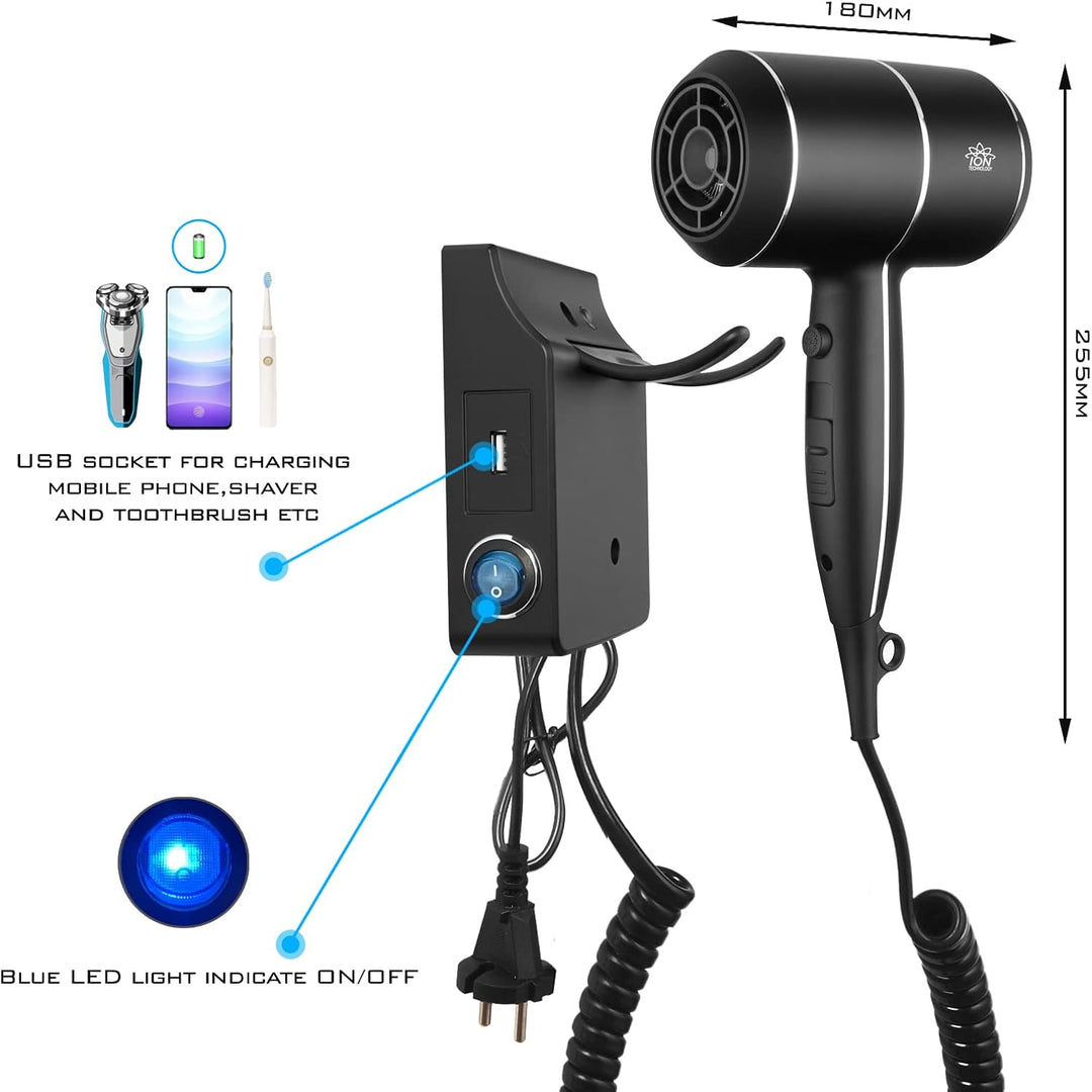 QL Haartrockner Ionen mit Wandhalterung und USB-Steckdose,Föhn mit ThermoProtect Technologie 2000wat
