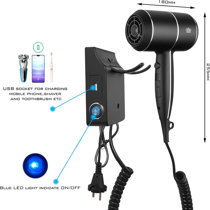 QL Haartrockner Ionen mit Wandhalterung und USB-Steckdose,Föhn mit ThermoProtect Technologie 2000wat