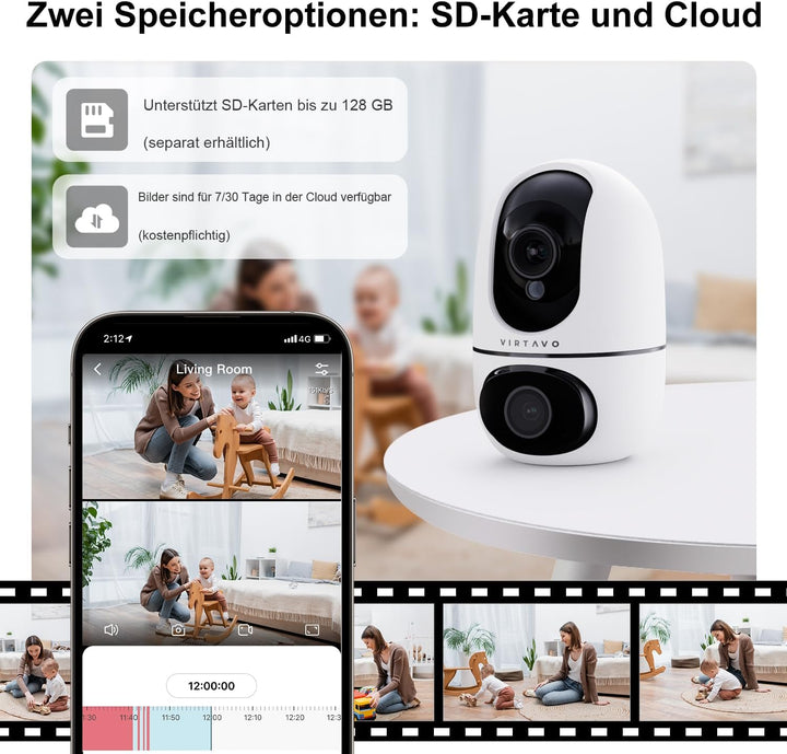 virtavo Überwachungskamera Innen 1080p Kamera Überwachung Innen 360° PTZ WLAN Kamera FHD 2-Wege-Audi