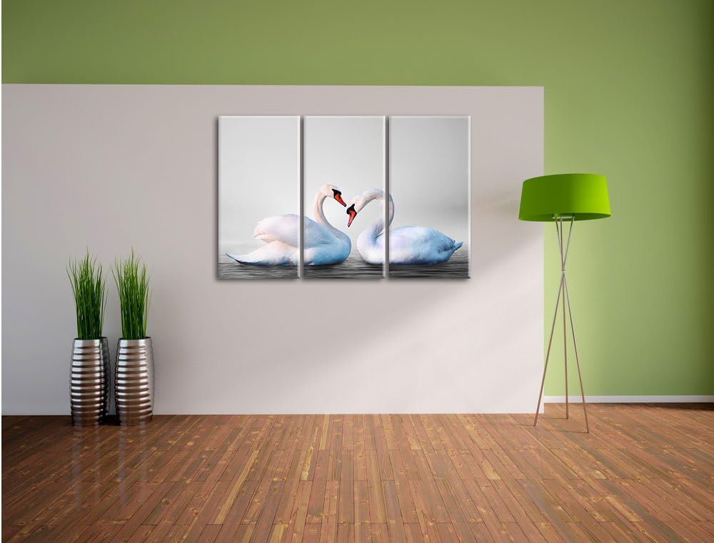 Pixxprint Zwei prächtige Schwäne auf dem Wasser B&W Detail 3-Teiler Leinwandbild 120x80 Bild auf Lei