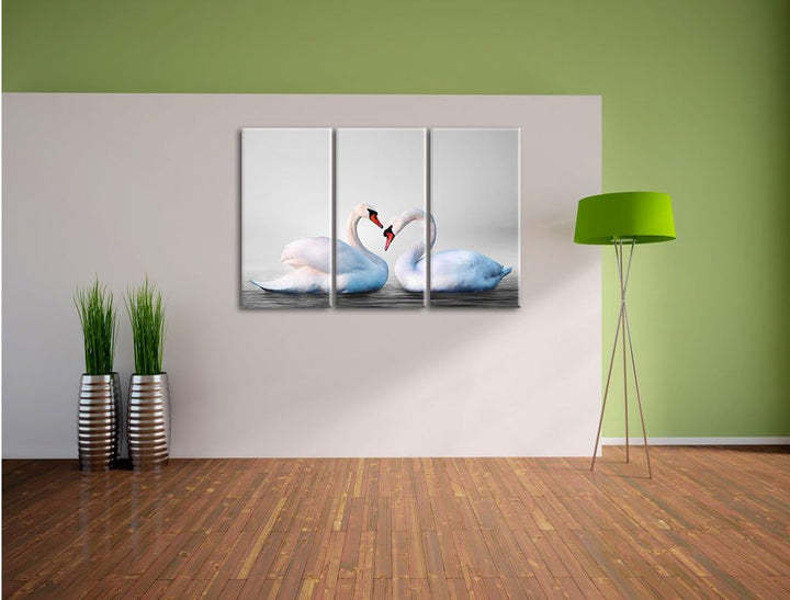 Pixxprint Zwei prächtige Schwäne auf dem Wasser B&W Detail 3-Teiler Leinwandbild 120x80 Bild auf Lei