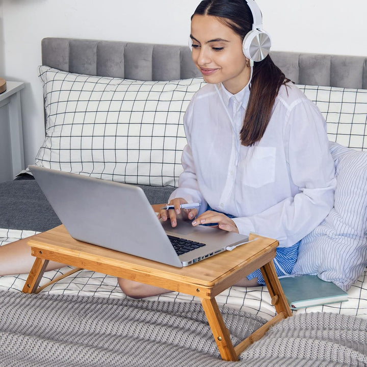 COSTWAY Bambus Laptoptisch klappbar, Notebooktisch höhenverstellbar & neigbar & belüftet, Lapdesk mi