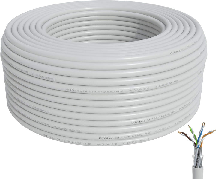 BIGtec CAT 7 Netzwerkkabel Verlegekabel LAN Kabel 50m weiss CAT7 PiMF S/FTP halogenfrei BauPVO Eca P
