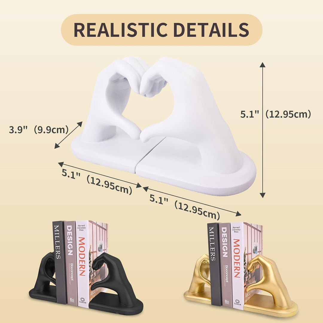 Weisse Buchstützen Set aus Resin - Herz & Hände Skulptur als Buchstütze, dekorative Bookends für Büc