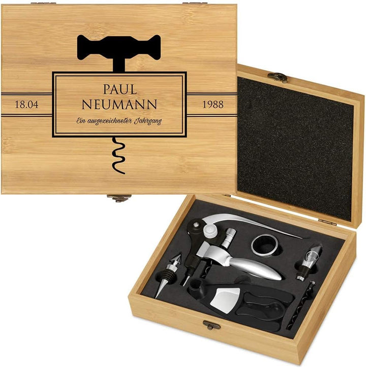 Maverton Weinöffner-Set personalisiert Weinset Sommelier Set - Geschenkbox Holzbox + 6er Weinzubehör