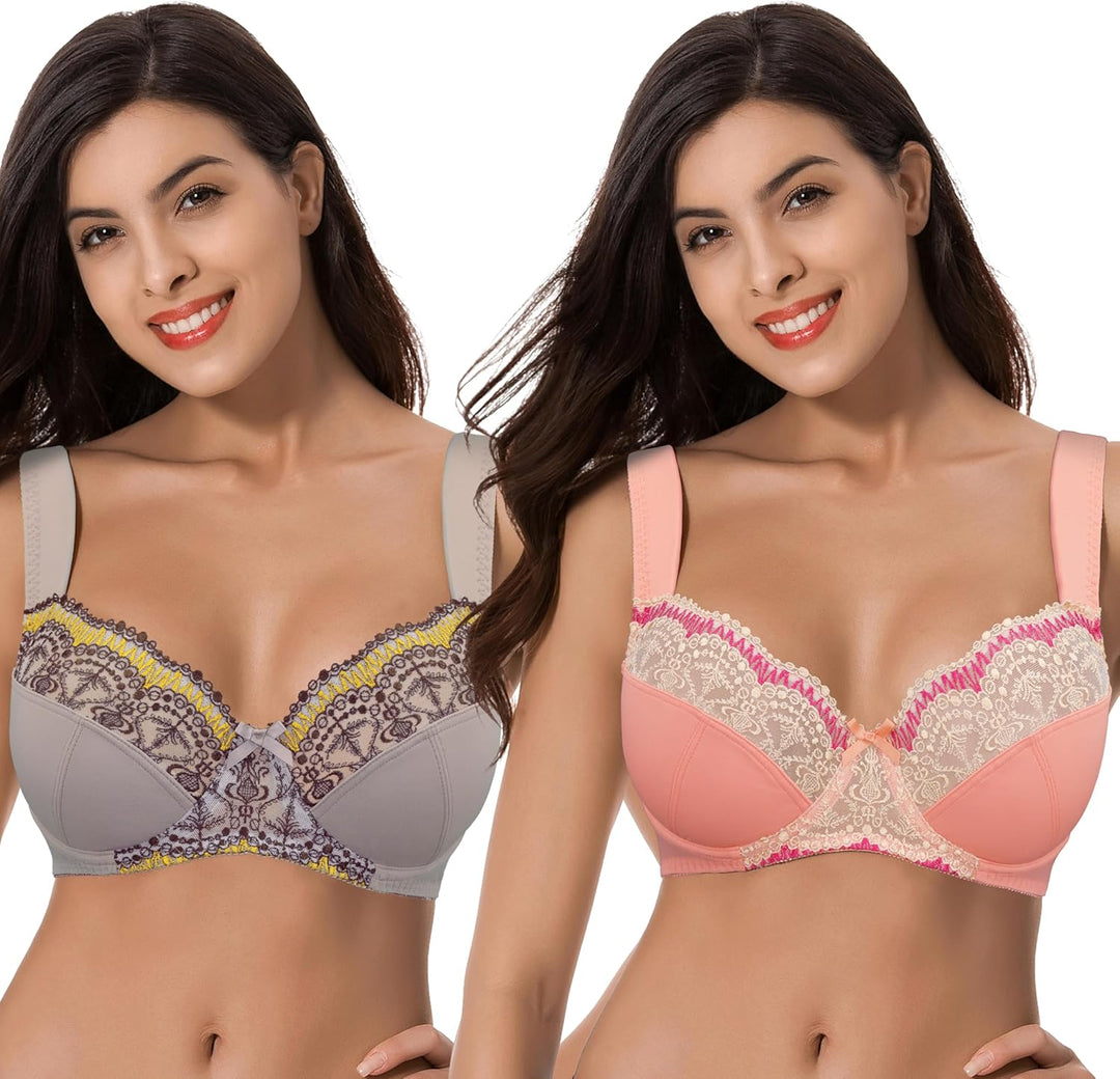 Curve Muse Damen Übergrösse Minimizer Bügel-BH mit Stickspitze - 2er Pack 75D Braun, Pfirsich Bernst
