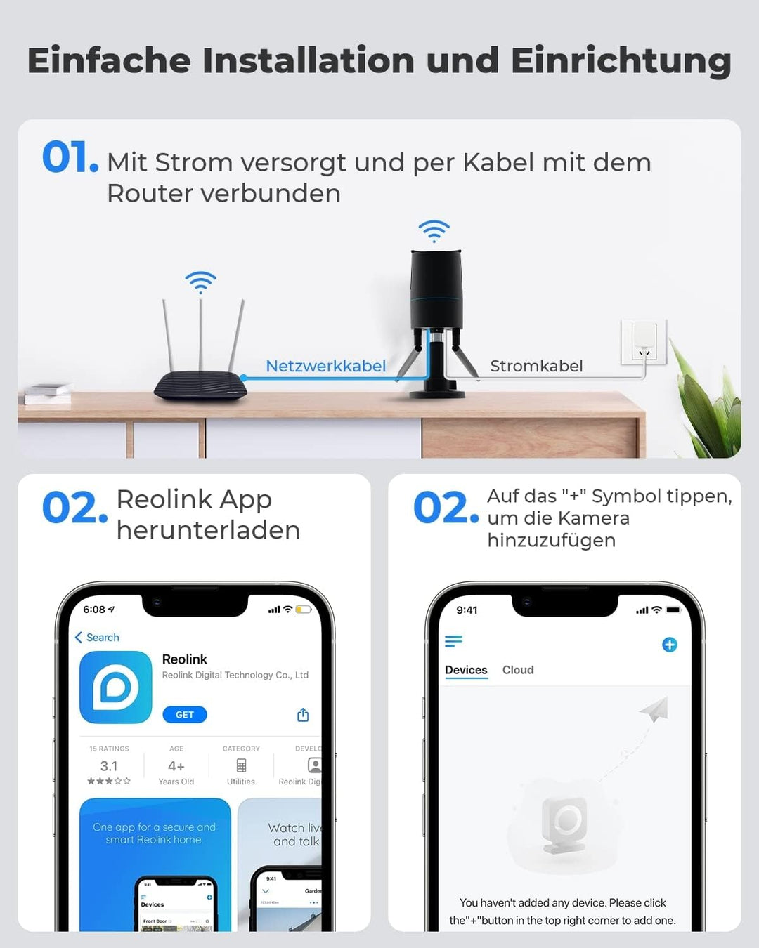 Reolink 2K+ Kabelgebundene Überwachungskamera Aussen, 2,4/5 GHz WLAN-Kamera Outdoor, IP66 Wetterfest