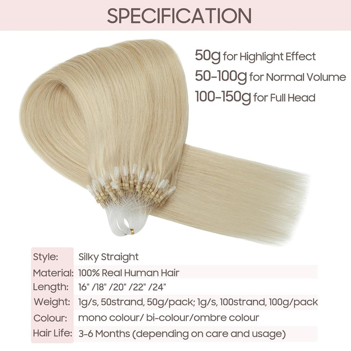 Silk-co Haarteile Echthaar Microring Extensions Echthaar 0.5g 60# Platinblond Micro Loop Hair Extens