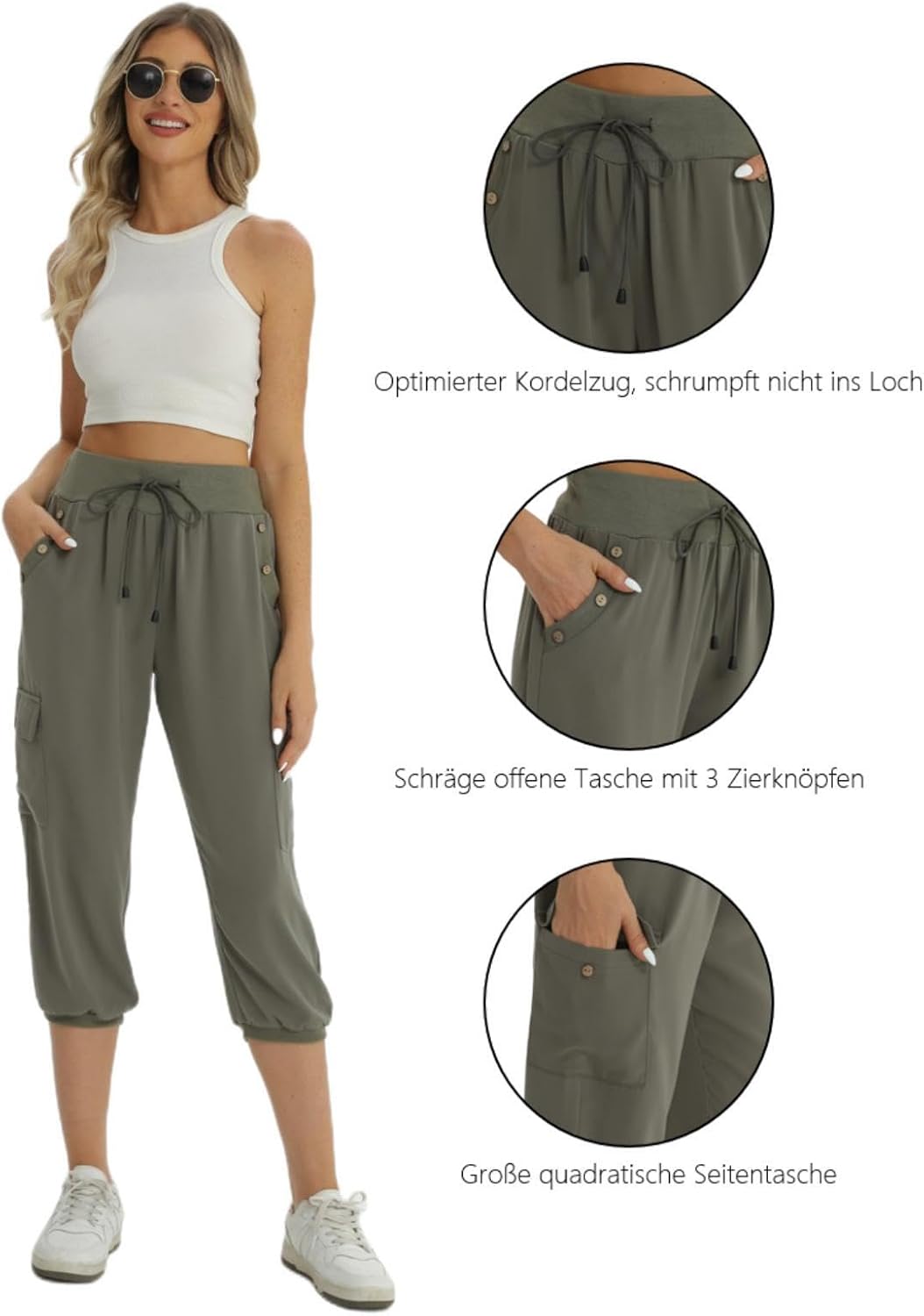 fuinloth 3/4 Hose Damen, Sommer Caprihose Dreiviertel Cargo Hosen Frauen Gummizug Leicht 42-44 Grau
