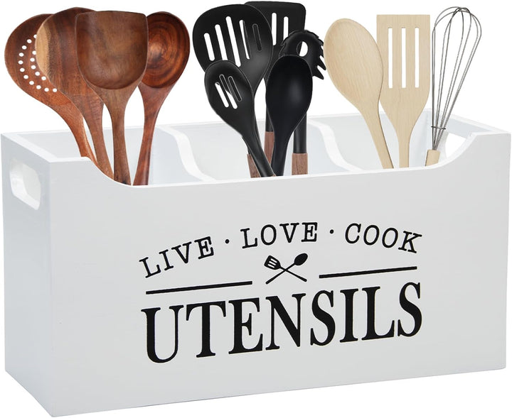 Karisky Kitchen Utensilhalter mit Entwässerungboden, grosse 3 Fächer solide Realholz -Utensilien Org